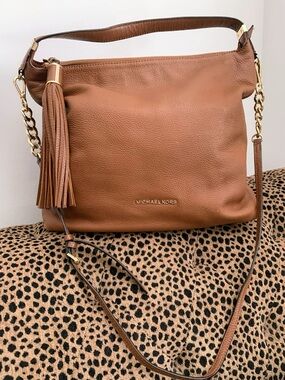 Michael Kors Weston Large Top Zip Tan Leather Shoulder Bag with Tassel